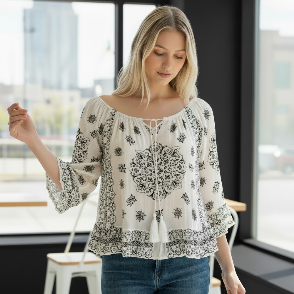 WORLD TOGETHER Boho Peasant Crop Blouse Top 3/4 Sleeve Tassle Ties